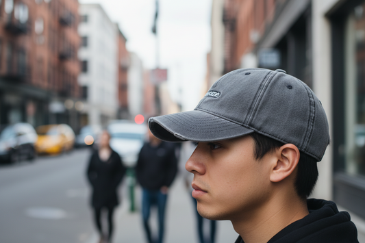A person wearing a gray baseball cap with the brand name 'HEART' embroidered on the front.