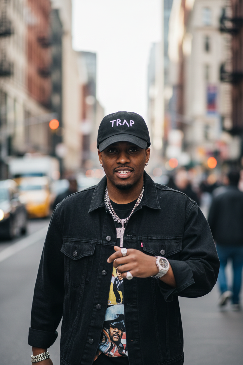 Black cap with 'TRAP' text on a white background