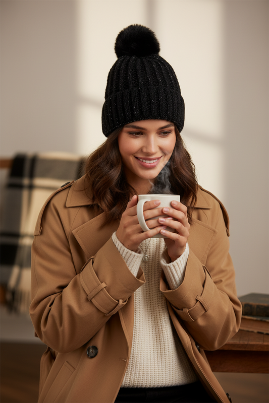 Edmundson Fleece-Lined Fur Pom Beanie – Windproof, 4 Colors, Winter