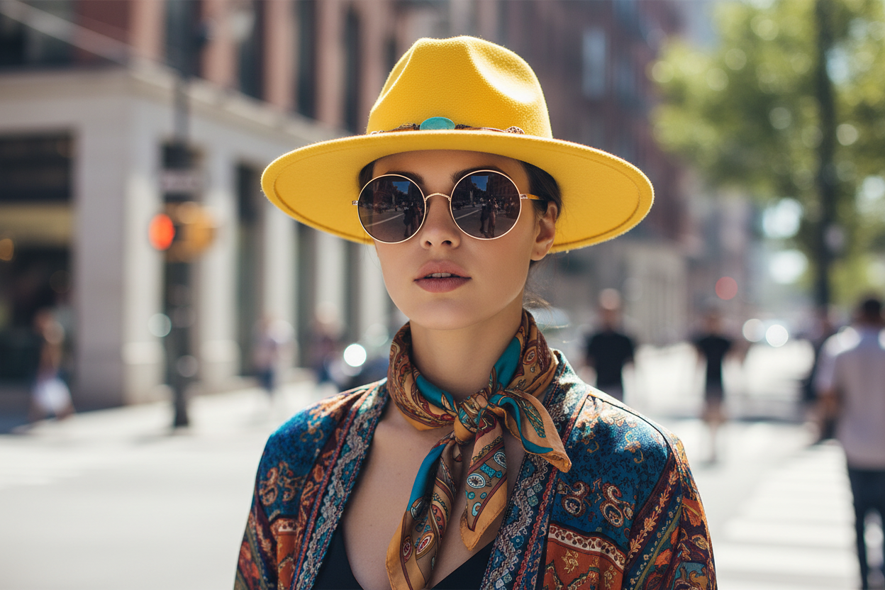 A yellow woolen hat with a flat brim and a decorative band featuring green emerald-colored stones.