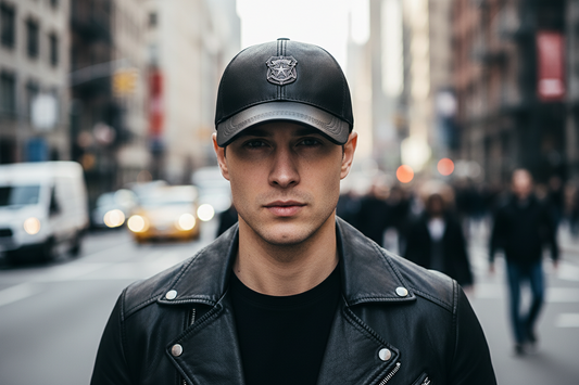 Black leather cap with a metallic emblem on a white background