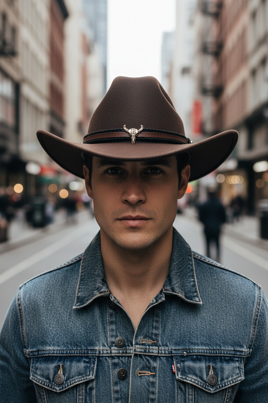 Brown cowboy hat with a leather band and decorative buckle on a white background