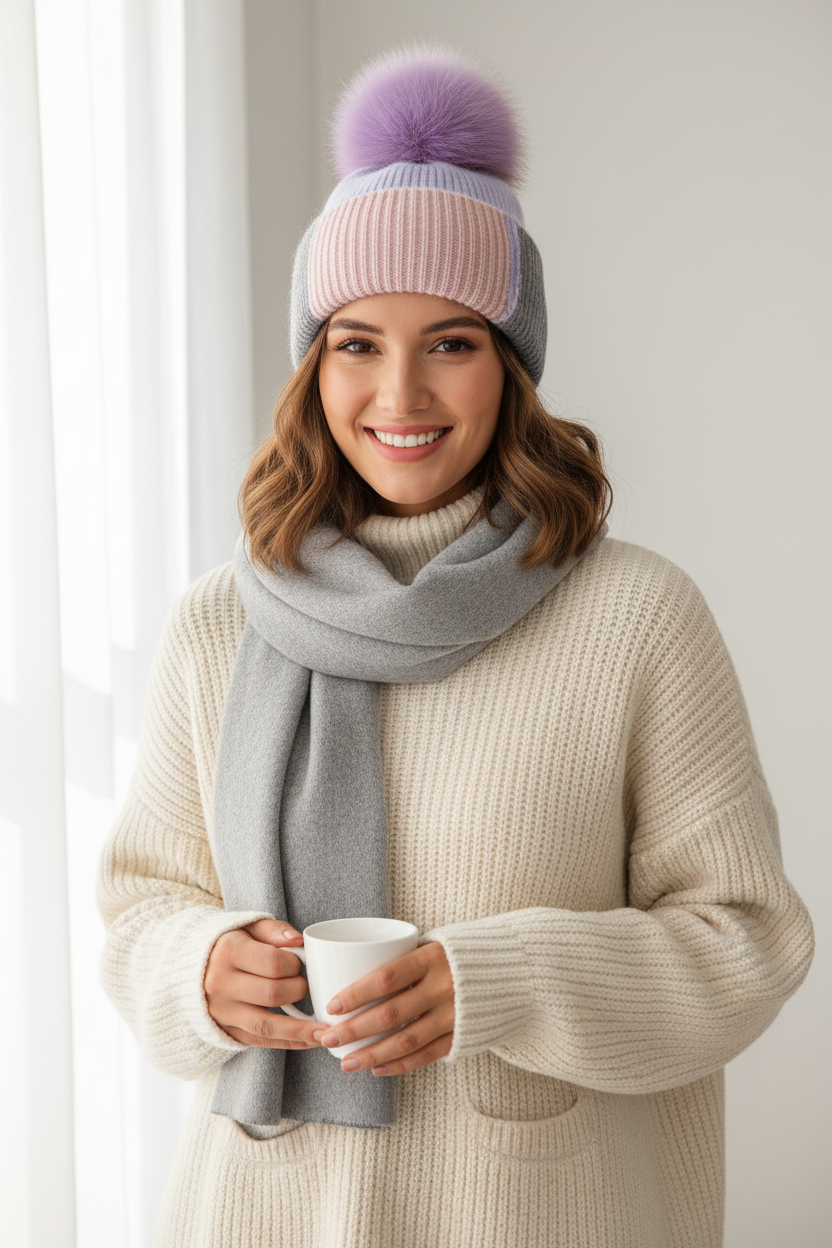 Pearcy Rabbit Fur Knit Beanie with Fox Fur Pom-Pom