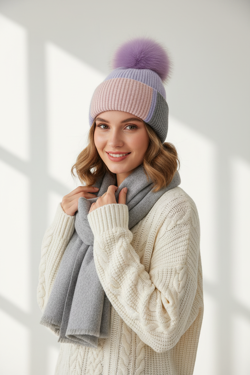 Pearcy Rabbit Fur Knit Beanie with Fox Fur Pom-Pom