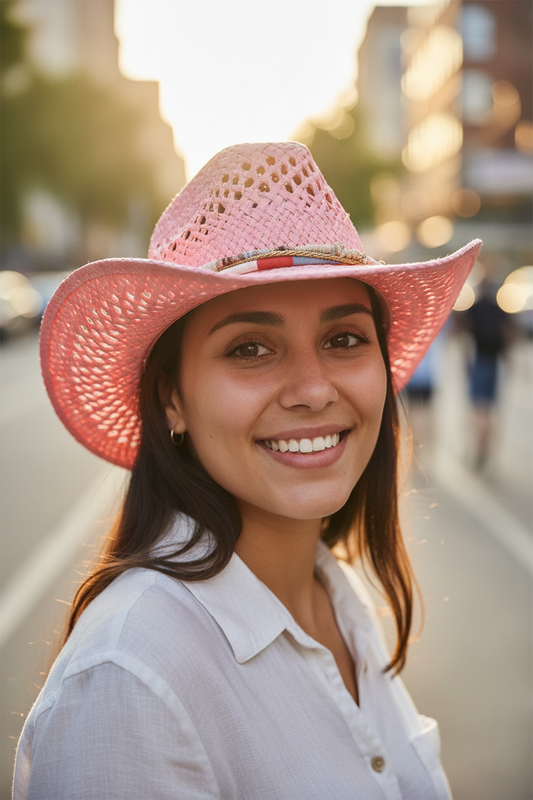 A pink papyrus denim hat with a decorative band, displayed on a grassy surface.