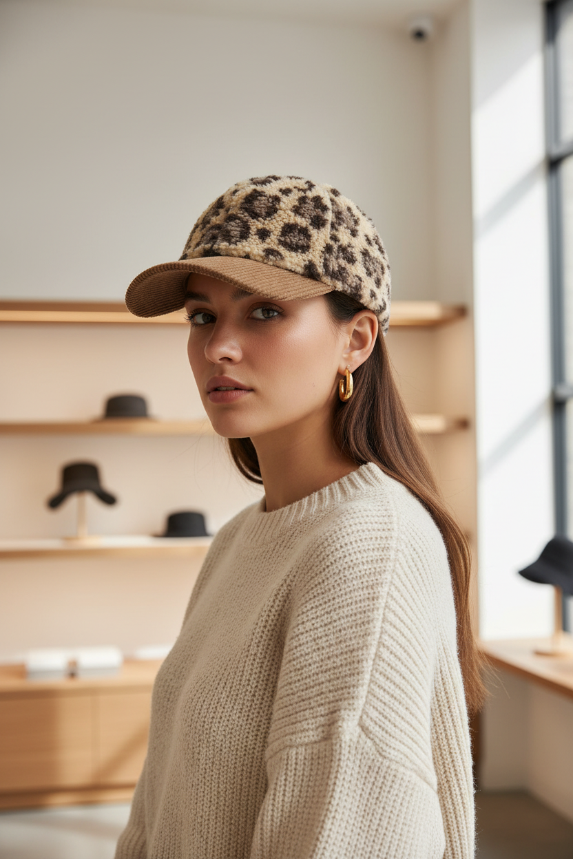Collins Plush Leopard Print Baseball Cap – Unisex, Four-Season