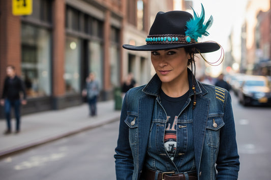 Brown hat with decorative elements on a wooden surface