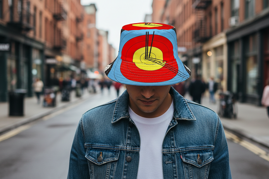 Bucket hat with archery target design on a white background