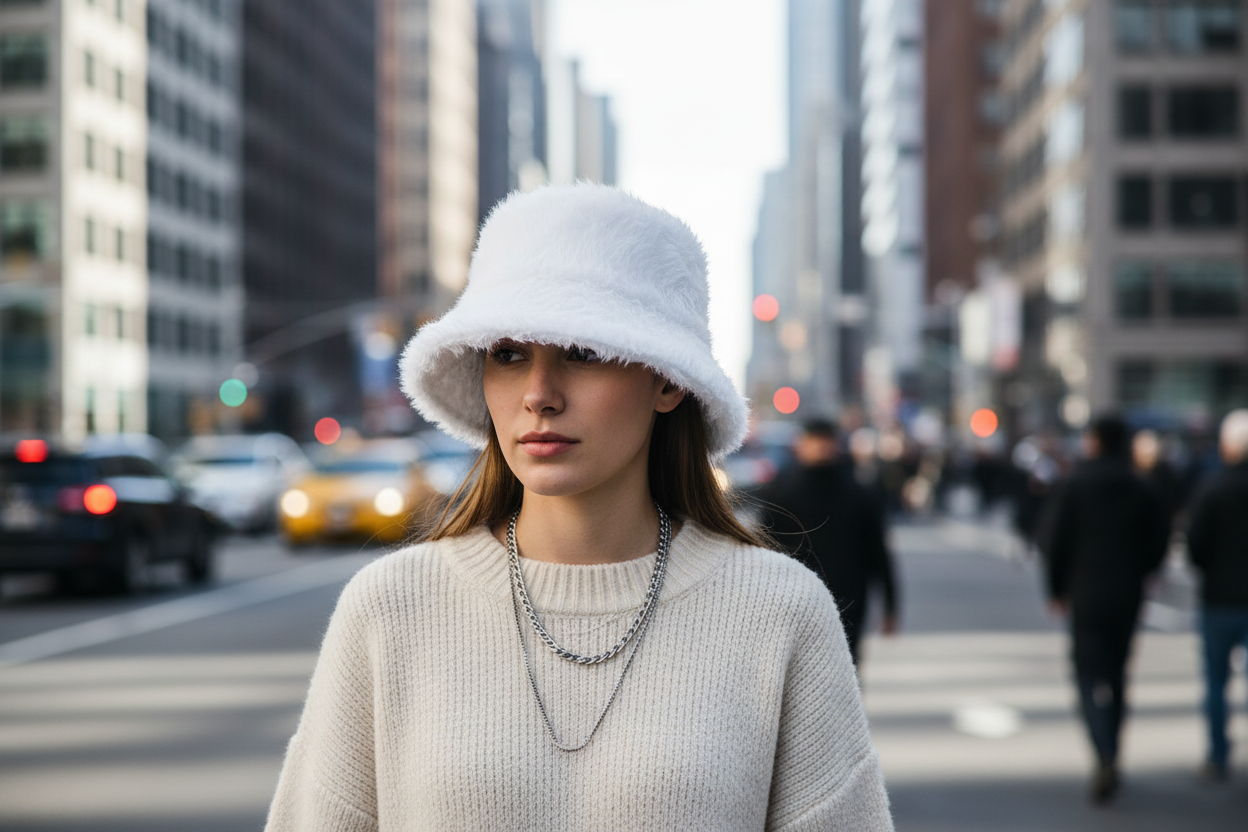 White fluffy bucket hat on a white background