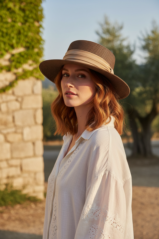 Straw Boater Hat – Flat Crown, Wide Brim, Draped Band, Hand-Woven, Women’s