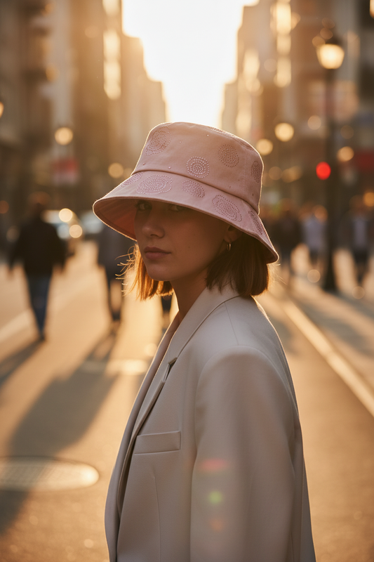 Pink bucket hat with floral patterns on a white surface