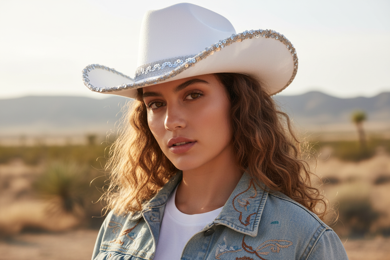 White cowboy hat with decorative trim on a white background