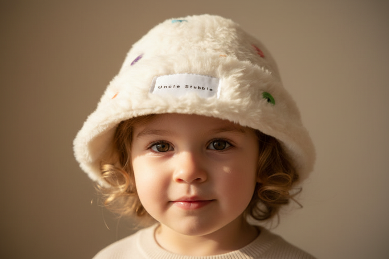A collection of various styles of beige-colored hats including a bucket hat, beret, and knitted caps with different designs and labels.