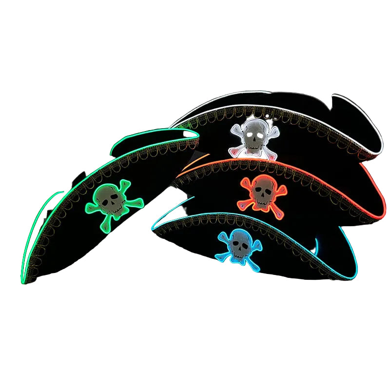 Three LED pirate hats with colorful lights on a dark background