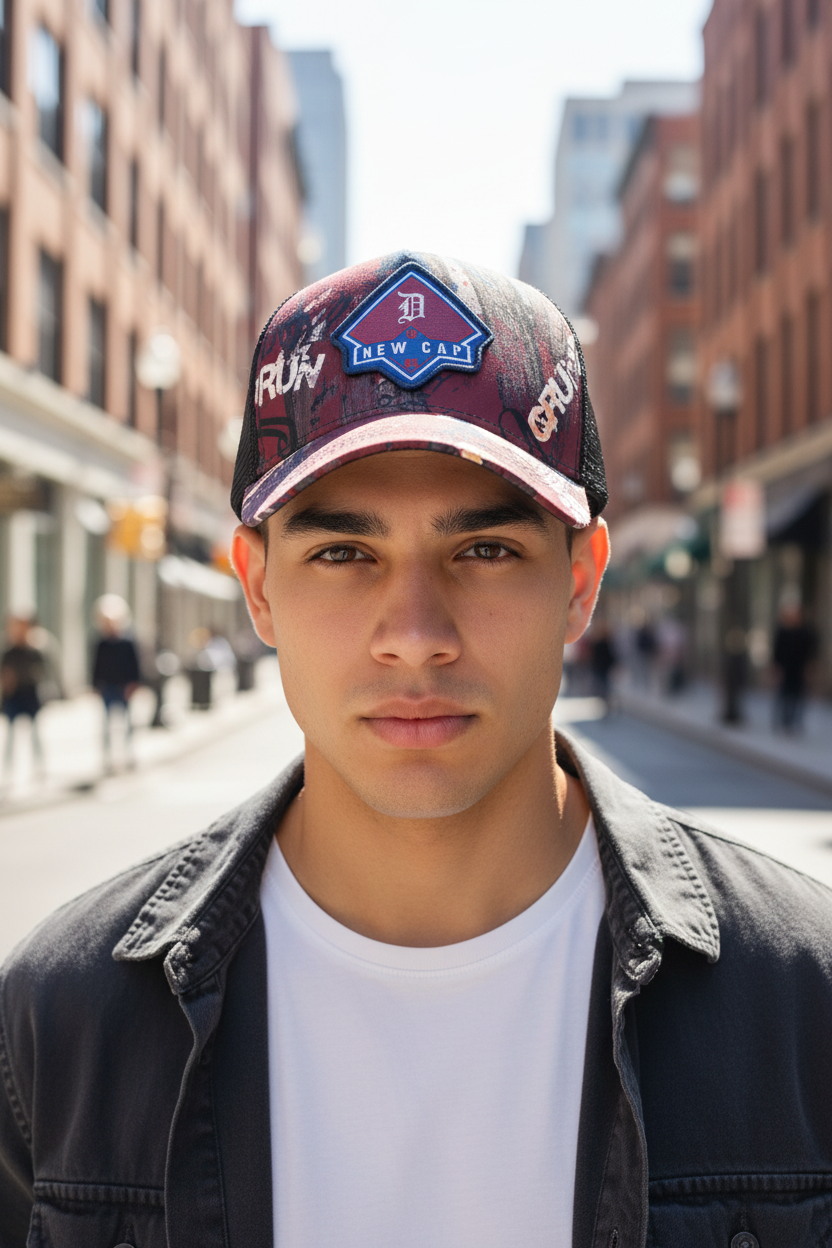 Multicolored cap with a brand logo on a white background