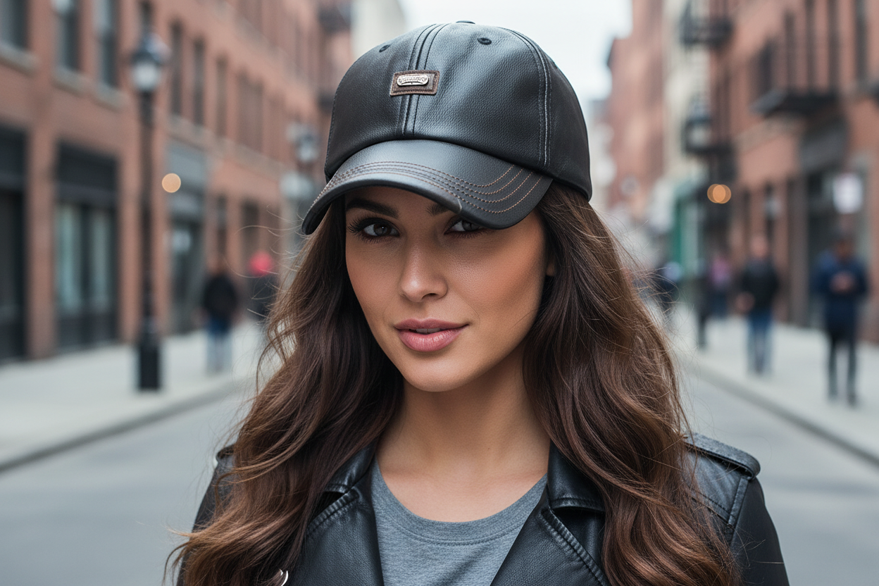 Gray leather cap with brown stitching on a white background