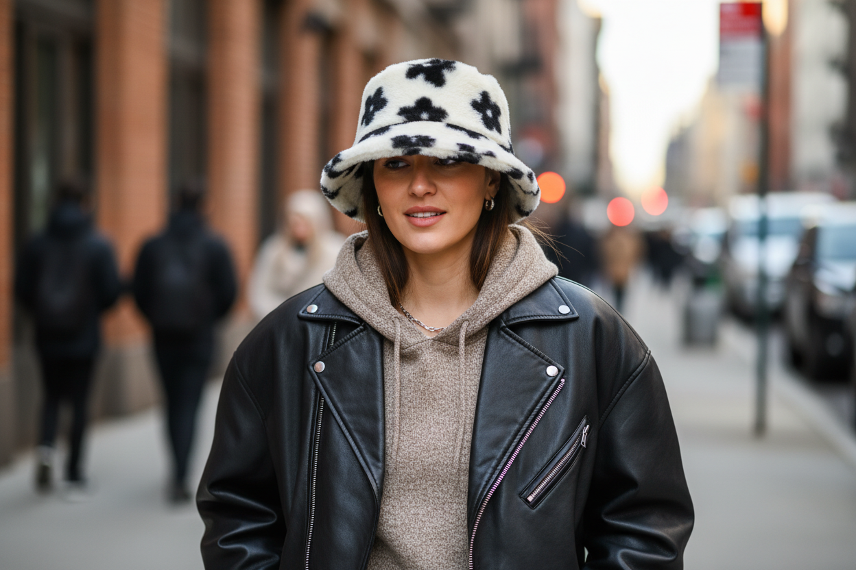 Fluffy bucket hat with black floral pattern on a white background
