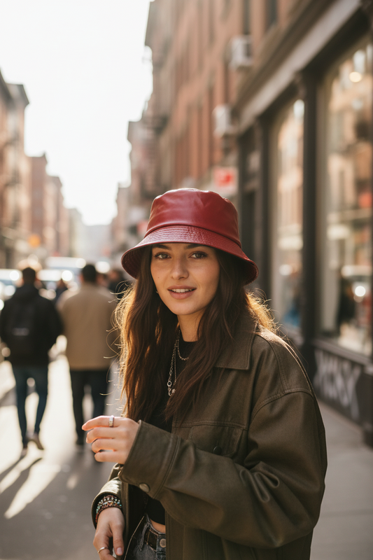 A black leather double-sided fisherman hat with a flat brim and unisex design.