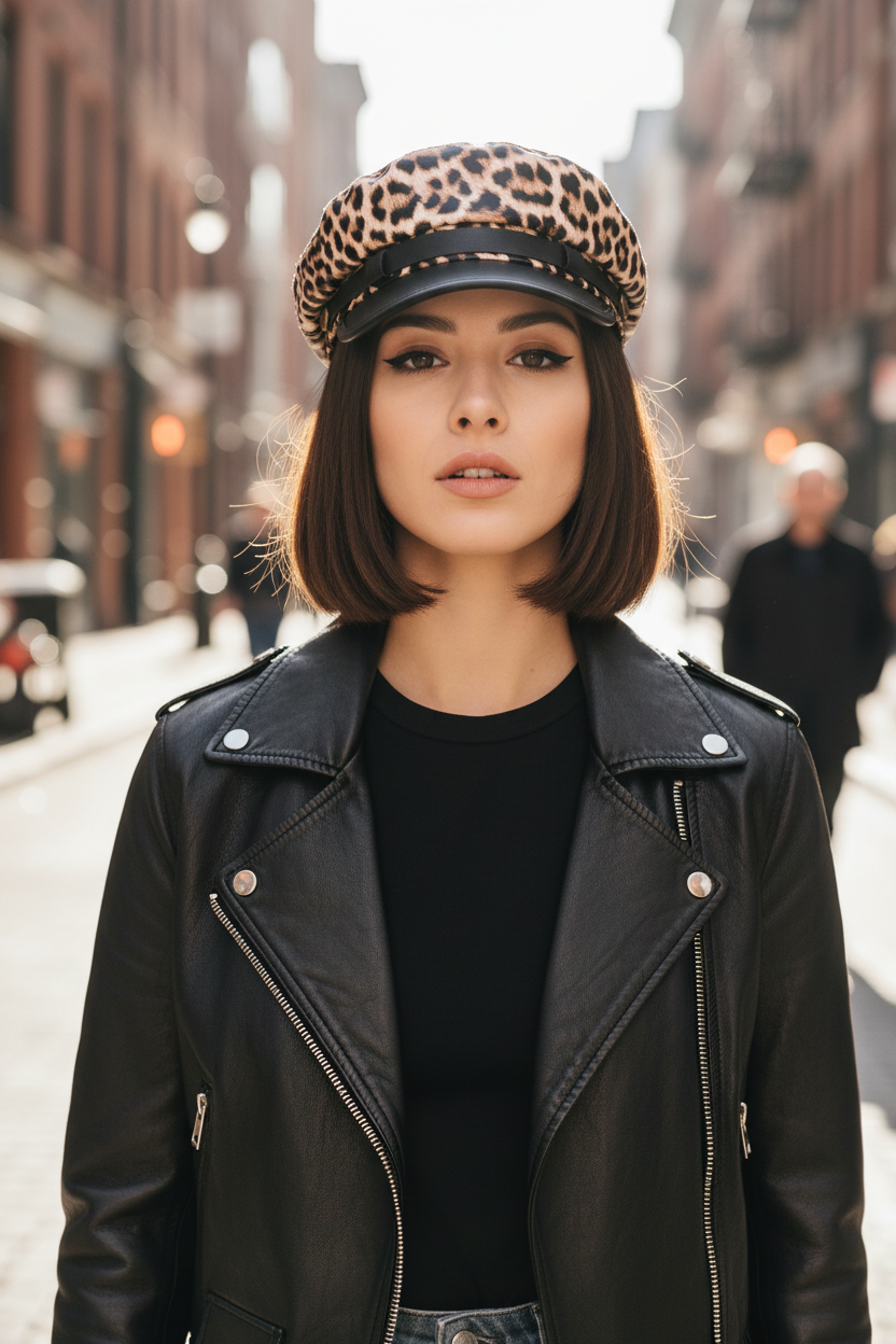 Leopard print visor cap on a light gray background
