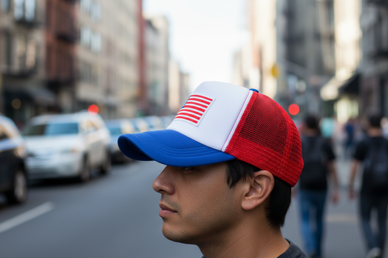 Cap with American flag patch on a white background