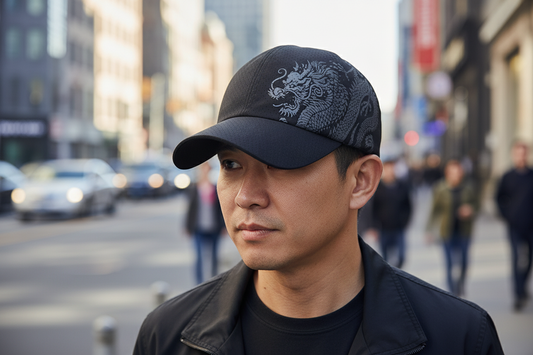 A selection of baseball caps in various colors, each featuring a printed dragon design on the front.