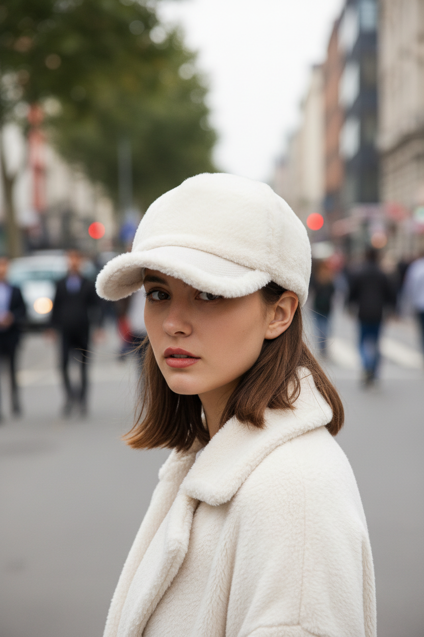 A beige-colored women's peaked cap with a short brim and a dome shape, suitable for autumn and winter seasons.