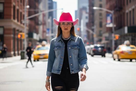 Pink cowboy hat with rhinestone embellishments on a black stand against a white background