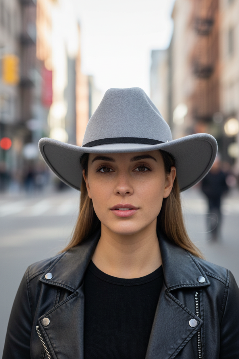 A gray felt hat with a cowboy style brim and a decorative band featuring metal rings.