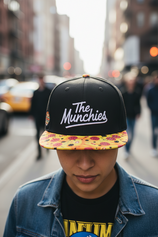 Black cap with 'The Munches' text and pizza design on a gray background