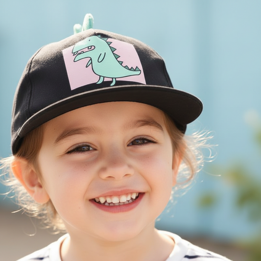 Black cap with green dinosaur design on a light blue background
