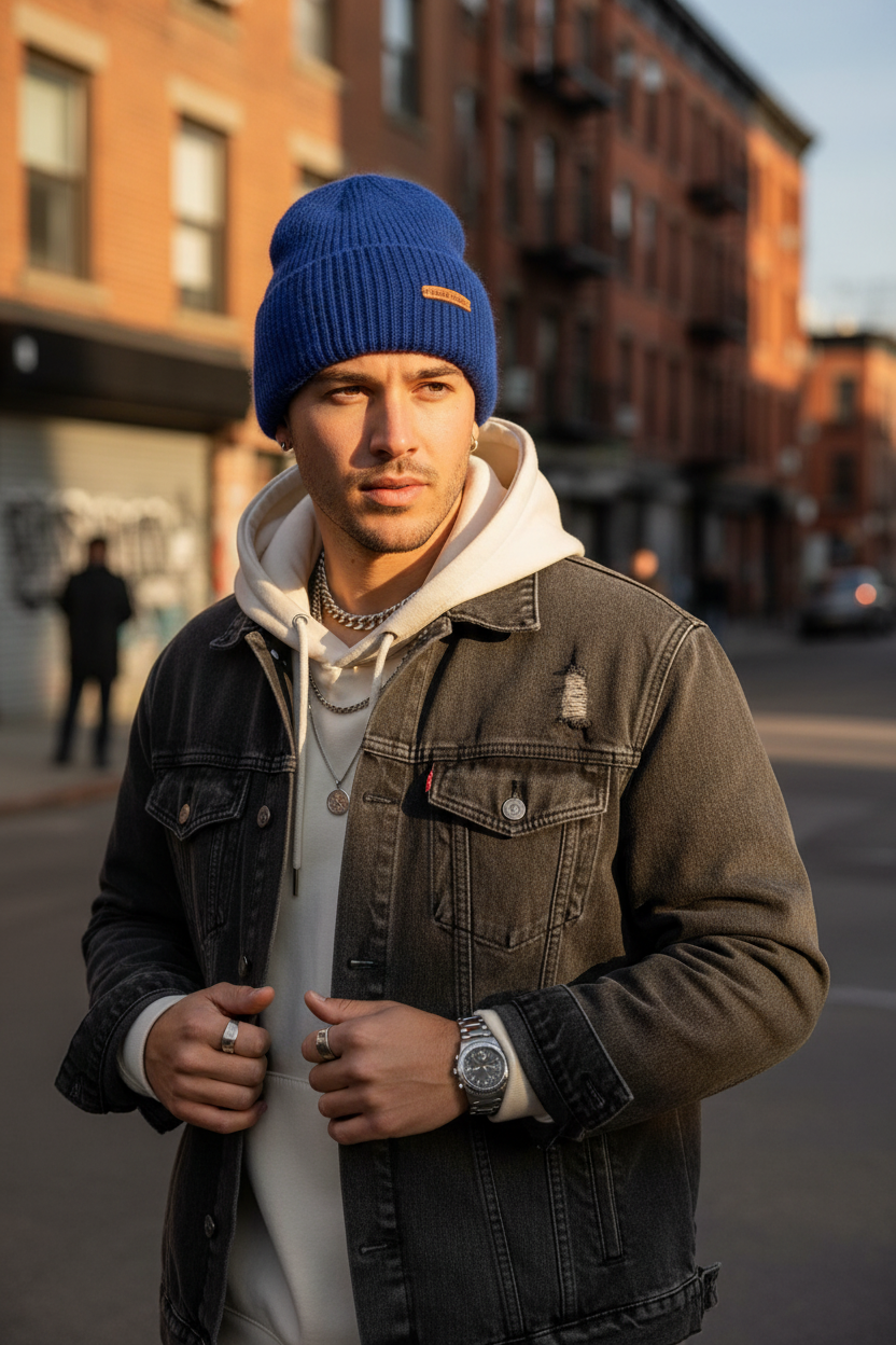 Sapphire Blue & White Knitted Wool Hat