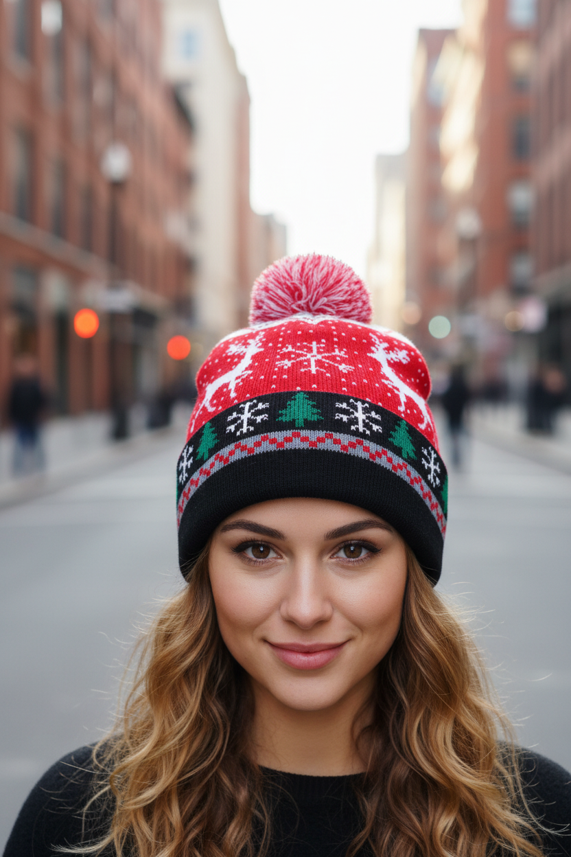 A knitted beanie with a red base featuring white deer, snowflakes, and Christmas-themed patterns, topped with a pink pom-pom.