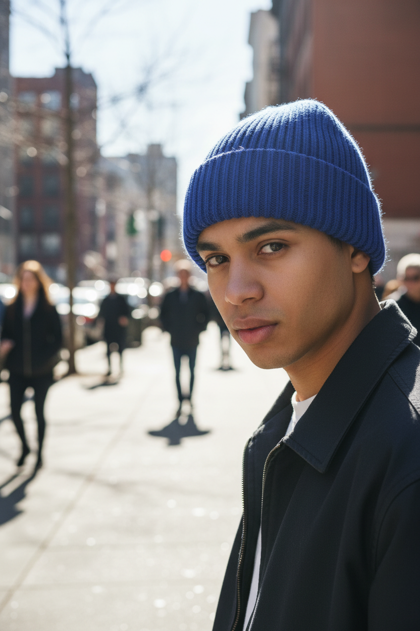 Blue knit beanie on a light gray background
