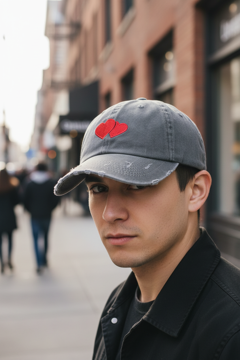A black baseball cap with a dome shape featuring a red embroidered heart design on the front.