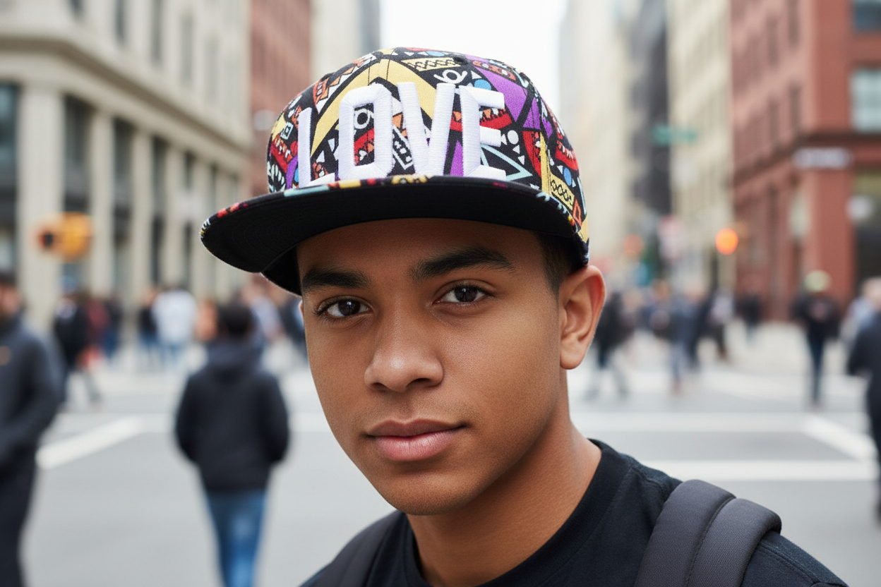 A collection of various styled baseball caps with different patterns and colors, including solid black, solid white, and multicolored designs with text and graphics.