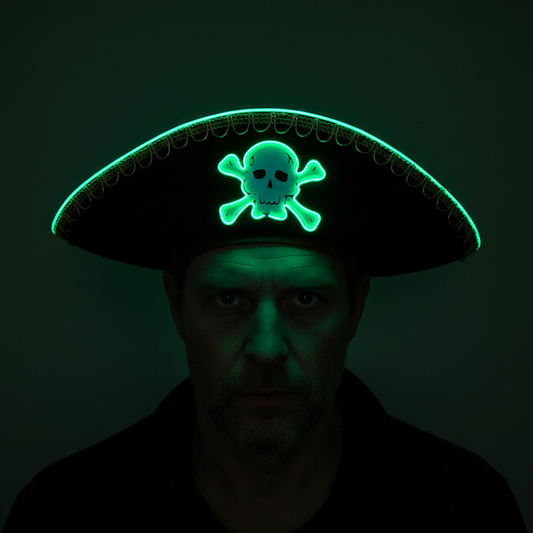 Black pirate hat with green glowing trim and skull design on a dark background