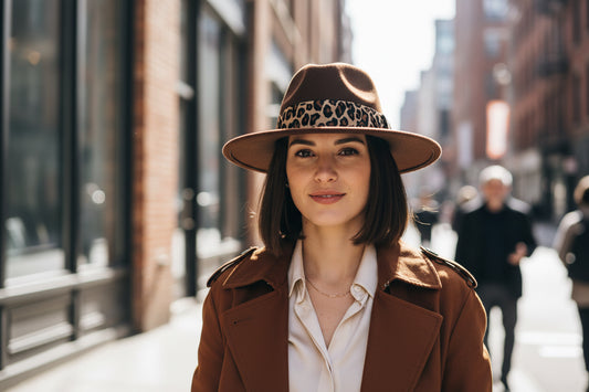 Brown fedora hat with a leopard print band on a white background