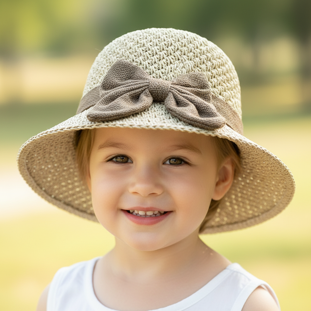 Beige straw hat with a brown bow on a white background