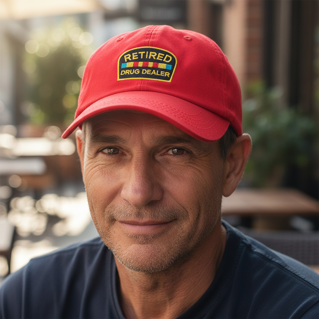 Two baseball caps, one red and one black, with a 'RETIRED' patch on them, placed side by side.