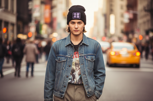 Black knit hat with white text embroidery on the front
