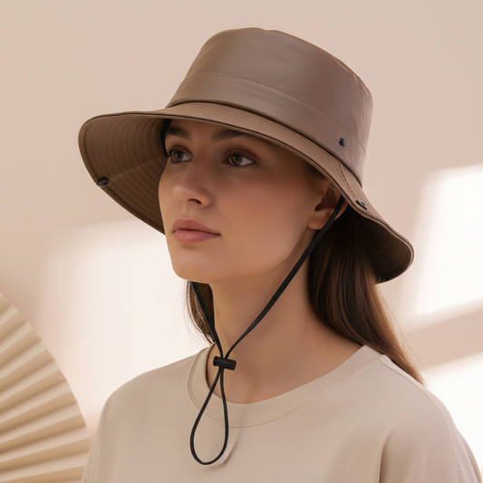 Beige bucket hat on a wooden stand against a neutral background