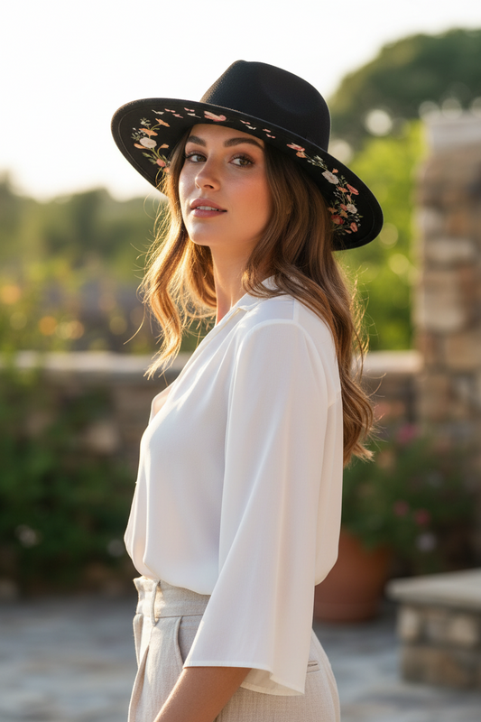 Ferguson Black Polyester Fedora Hat with Rose Flower