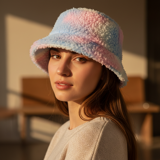 Multicolored fleece-lined bucket hat on a white background