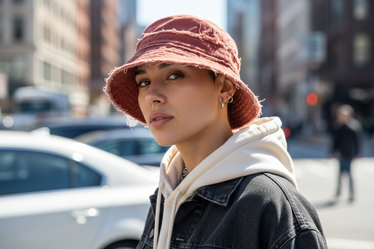 Rust-colored bucket hat with frayed edges on a light gray background