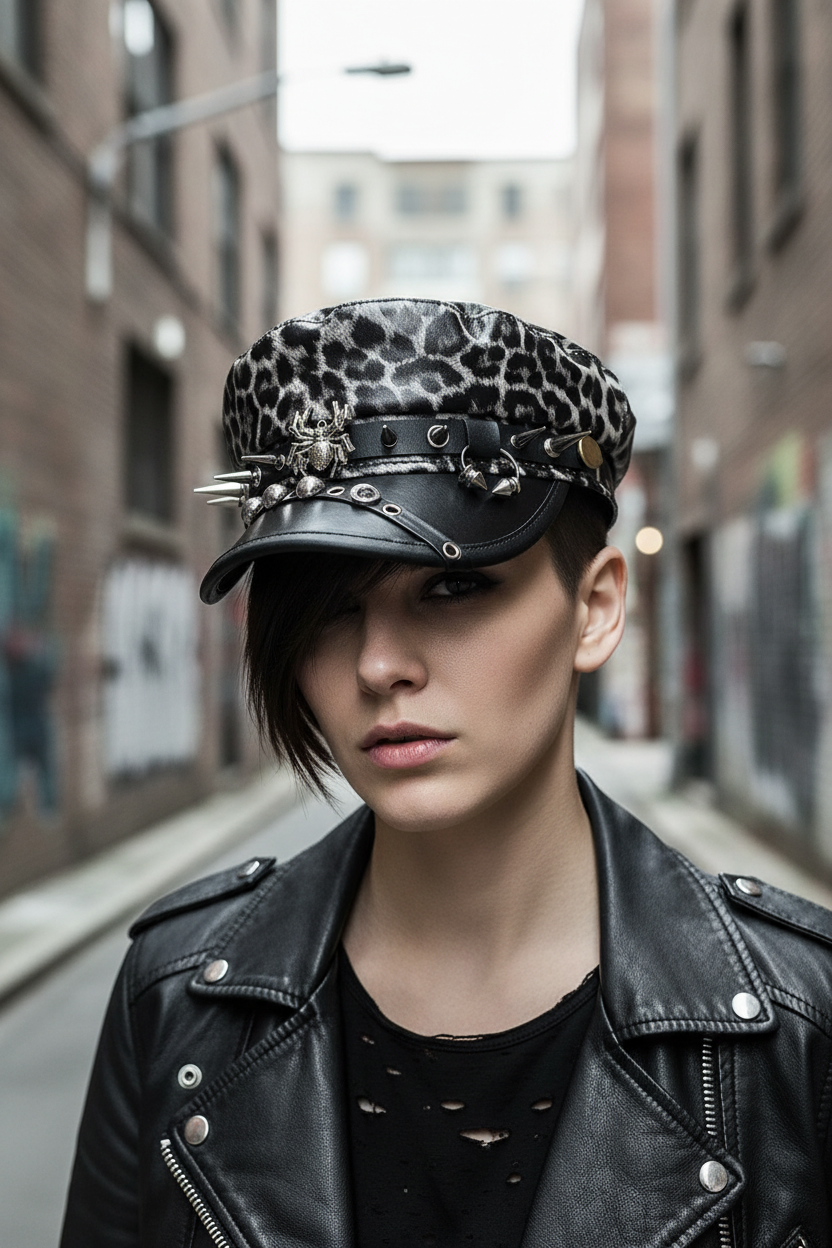 Manning Punk PU Flat Top Beret – Animal Print, Sun Protection