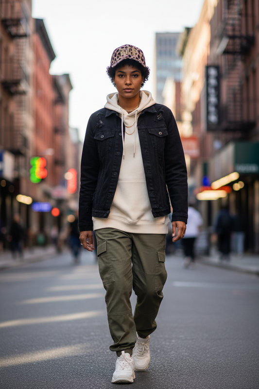 A beige and black leopard print baseball cap with a text pattern on the front.