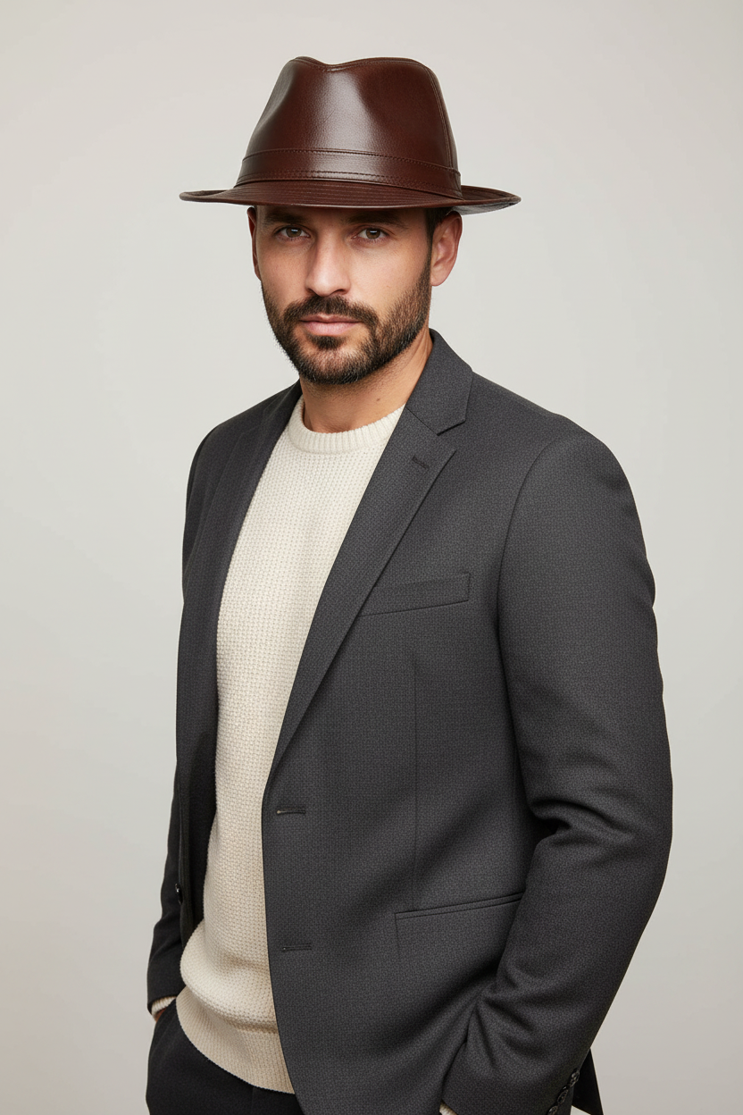 Davidson Cowhide Leather Fedora Hat – Adjustable Fit, XL–4XL