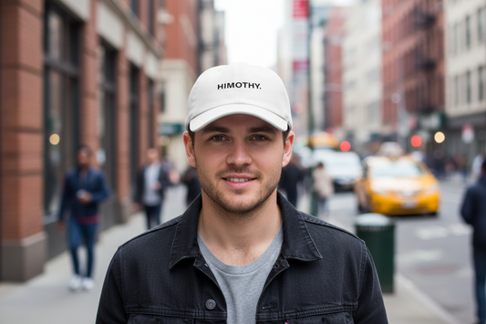 White cap with 'HIMOTHY.' text on a white background
