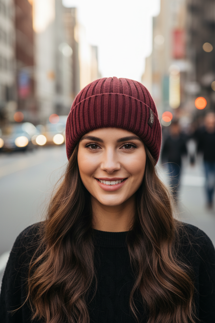 Maroon knit beanie on a white background