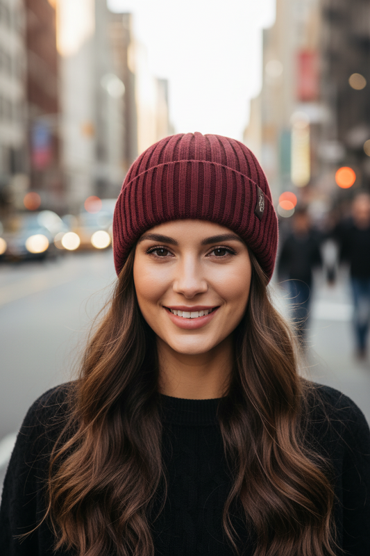 Maroon knit beanie on a white background